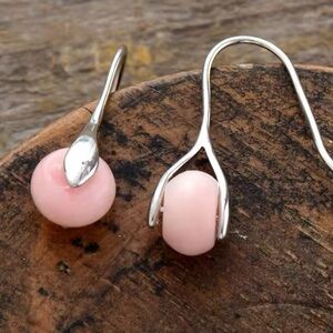 Gemstone pink opal silver hook dangle earrings